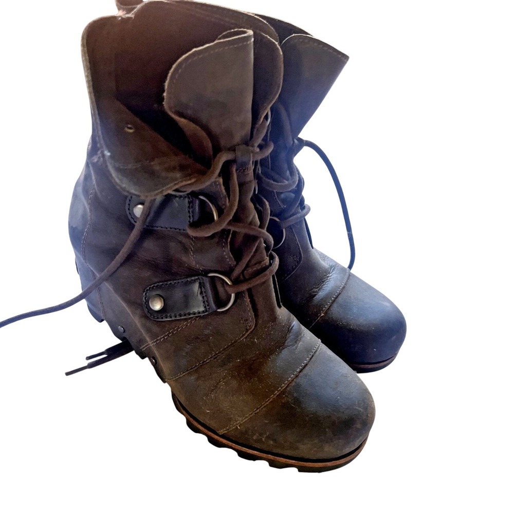 Sorel Joan of Arctic Wedge II Boots Womens 7.5 Brown Leather Lace Up Moto Combat
